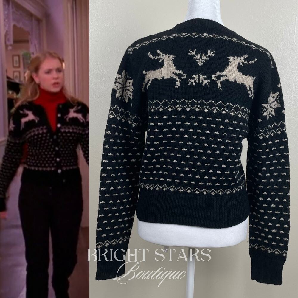 Rare Reindeer Cardigan ASO Sabrina The Teenage Witch Black Cream Vintage Holiday - Picture 2 of 11